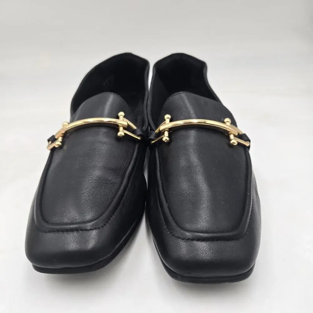 Clarks Womens Pure Block Leather Loafers 9.5 Black Gold Horsebit Comfort Classic